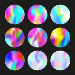 Hologram abstract backgrounds set. Holographic gradient. Plastic hologram backdrop. Minimalistic 90s, 80s retro style graphic template for book, annual, mobile interface, web app.
