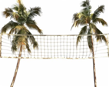 Volleyball net clipart strung up between palm trees.