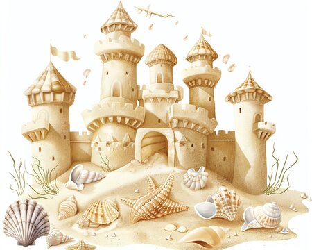 sandcastle on beach with seashells clip art preview