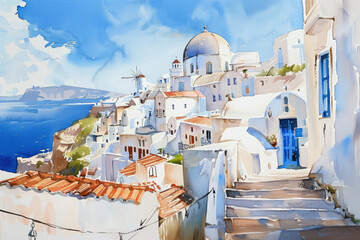 Watercolor illustration of Santorini island, Greece. - obrazy, fototapety, plakaty