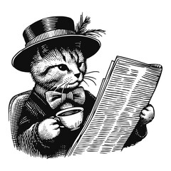 cat with newspaper and cup of tea vintage illustration - obrazy, fototapety, plakaty