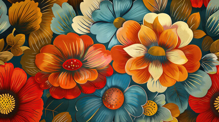 A vintage floral wallpaper pattern reminiscent of the 1970s, 3D illustrate fantasy - obrazy, fototapety, plakaty