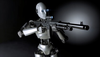 Naklejka premium Autonomous Robot Holding a Rifle Against a Dark Background