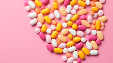 Multi-colored tablets, capsules and vitamins in a jar on a pink background.