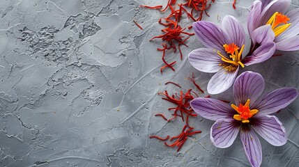Dried saffron and crocus flower arranged on a grey table, with space available for text.