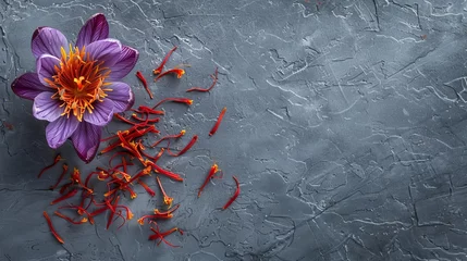 Foto op Canvas Dried saffron and crocus flower arranged on a grey table, with space available for text. © Marry