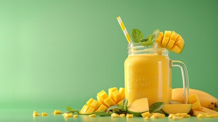 A glass Mason jar filled with mango smoothie, accompanied by a fresh mango on a green background. This image evokes a tropical fruit concept, highlighting the deliciousness of mango shake.