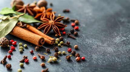 On a gray kitchen table, a close-up display of various spices and herbs, including star anise, fragrant pepper, cinnamon, nutmeg, bay leaves, and paprika.
