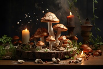 Multiple mushrooms of different shapes and sizes arranged neatly on top of a wooden table. Generative AI - Powered by Adobe