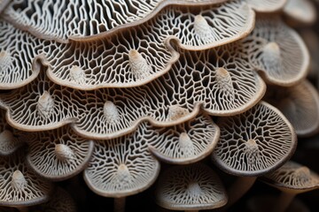A detailed view of numerous mushrooms grouped closely together, showcasing their various shapes, sizes, and textures. Generative AI