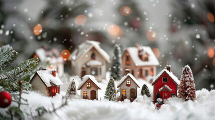 Depict a seasonal theme with a cozy winter scene complete with snow-covered cottages