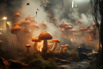 A cluster of mushrooms sprouting with smoky flames from the dirt in a natural setting. Generative AI
