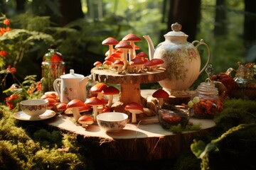 A table covered with a variety of mushrooms and a teapot placed in the center. Generative AI