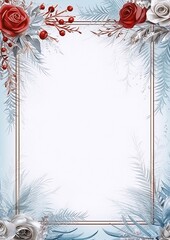 Obraz premium Delicate red and white roses frame with blue and green leaves and golden outlines on a pale blue background in watercolor style.