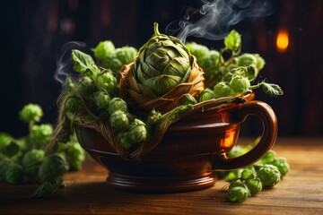 3D style illustration of A bowl filled with fresh hops, softly illuminated, capturing the raw and natural essence of the ingredient that gives life to infinite varieties of beer