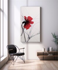 vibrant red flower with black stem and white background, drawing, art, interior, modern, minimalism