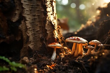 A group of mushrooms sprouting from the bark of a tree in a forest setting. Generative AI