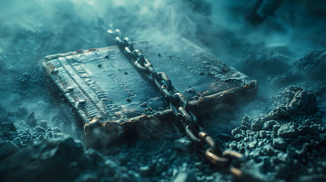 A mysterious ancient book, bound by chains, emerges from a foggy, ethereal blue landscape, evoking intrigue and fantasy