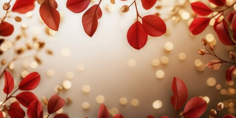 Autumnal red leaves and golden berries, festive bokeh background