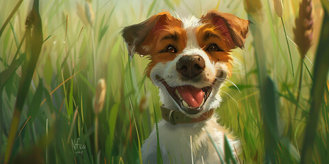 Happy cartoon dog in the meadow with flowers