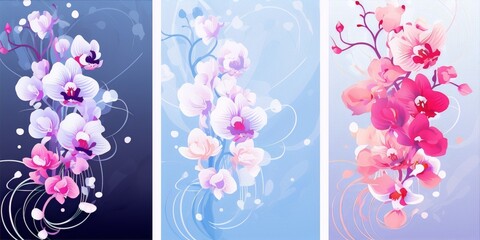 Three elegant orchid flower bouquets with buds in blue, pink and purple with a gradient background in vector.