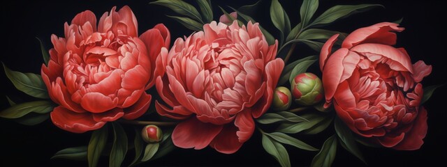 Three red peonies with buds on a black background, painted in a realistic style with vibrant colors. - obrazy, fototapety, plakaty