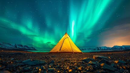A glowing yellow camping tent under a beautiful green northern lights aurora. Travel adventure landscape background. Photo composite.  - obrazy, fototapety, plakaty