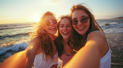 photograph of Young women on the beach taking selfie and laughing. sunset, realistic --ar 16:9 Job ID: 27e16a66-65df-4a37-b6ae-e5aaef55d8ba