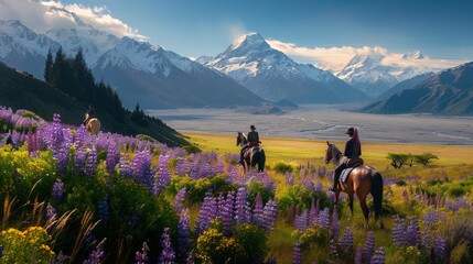 Travelers ride horses in lupine flower field, overlooking the beautiful landscape of Mt Cook National Park in New Zealand. Lupins hit full bloom in December to January which is summer of New Zealand. - obrazy, fototapety, plakaty