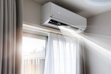 Air conditioner installed in bright and warm modern apartment - obrazy, fototapety, plakaty
