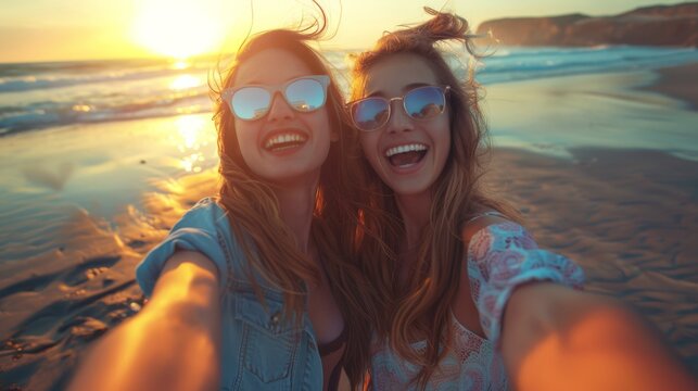 photograph of Young women on the beach taking selfie and laughing. sunset, realistic --ar 16:9 Job ID: 260646a9-a99c-4844-a98e-ec169c598134