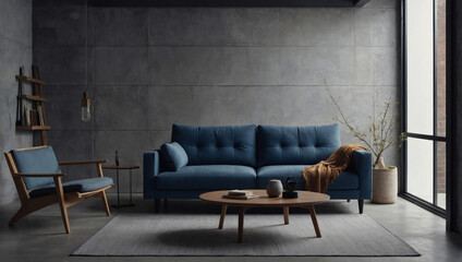 Simplicity of a minimalist loft interior in this modern living room, showcasing a blue sofa against a blank concrete wall with ample copy space.