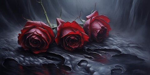 Three velvety red roses with dark green leaves and long stems on a solid black background, painted in a realistic style with a dark and moody feel. - obrazy, fototapety, plakaty