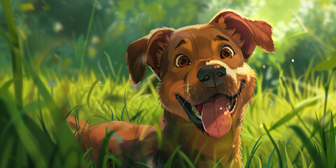 Happy cartoon dog in the meadow with flowers