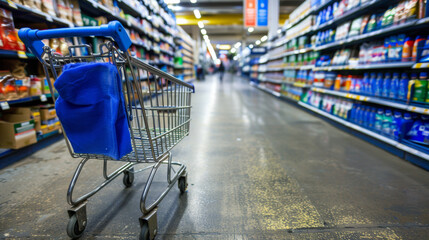 A blue shopping cart is in a store aisle. The store is full of products - obrazy, fototapety, plakaty