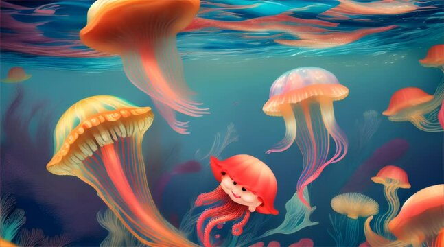 A cartoon jellyfish adventuring in a vibrant underwater world with other whimsical sea creatures