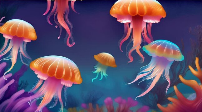 A cartoon jellyfish adventuring in a vibrant underwater world with other whimsical sea creatures