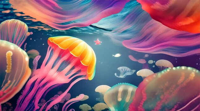 A cartoon jellyfish adventuring in a vibrant underwater world with other whimsical sea creatures