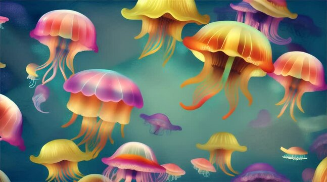 A cartoon jellyfish adventuring in a vibrant underwater world with other whimsical sea creatures
