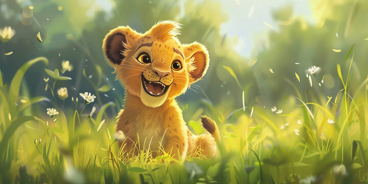 Happy cartoon baby lion in the meadow with flowers
