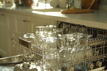 Fototapeta na wymiar Sparkling clean dishes and glassware revealed as dishwasher completes wash cycle