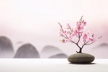 Delicate pink cherry blossom bonsai on stone against blurred background of misty mountains in soft focus