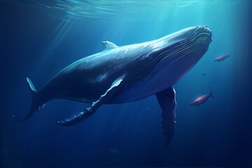 Naklejka premium A majestic blue whale swims through a deep blue ocean with a peaceful and serene feeling. 