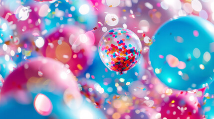 A colorful image of many balloons with confetti falling around them. The balloons are in various colors, including blue, pink, and purple. The confetti adds a festive