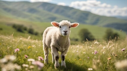 "A fluffy lamb peacefully grazing in a sunlit meadow, surrounded by lush green grass and wildflowers. The lamb has a soft, white fleece, with gentle curls, and innocent, brown eyes. The meadow extends