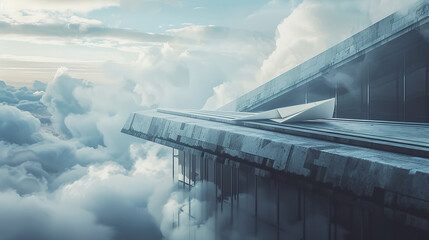 A lone paper airplane resting on the ledge of a high building, poised as if just landed from an epic journey through the clouds 32k, full ultra hd, high resolution - obrazy, fototapety, plakaty