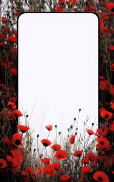 vibrant red poppies with black centers and green stems in a field with a white empty frame in the middle