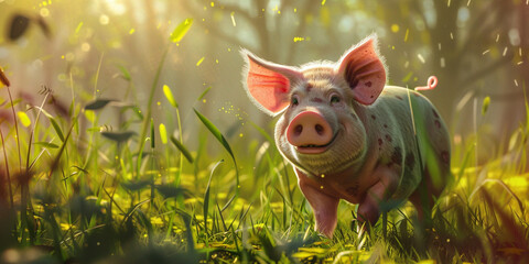 Happy cartoon pig in the meadow with flowers