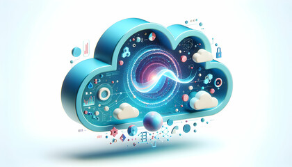 3d flat icon as Quantum Cloud Quantum computing elements merge with cloud imagery for a futuristic look. in Digital Cloud Computing background theme with isolated white background ,Full depth of field