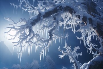 Frozen tree branches covered with snow and ice crystals in a winter forest at night with a full moon in the background in blue and white colors with a touch of light blue, in hyper realistic style